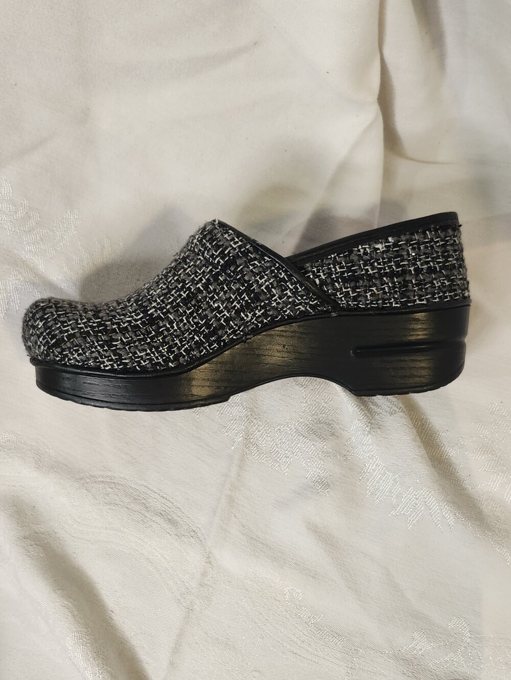 Dansko Black and Cream Slip-On Tweed Clog